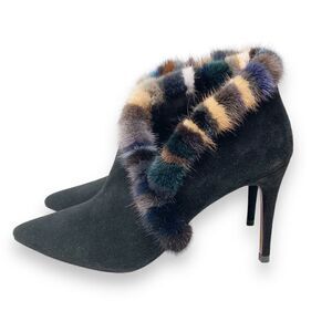 Donald J Pliner Renata  Black Suede Multicolor Fur-Trimmed Bootie Women’s Size 9